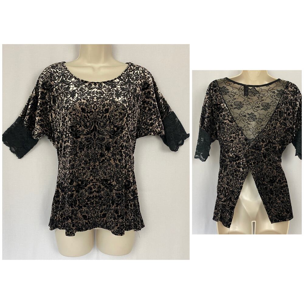 BKE Boutique Top Medium Black Floral Burnout Velvet Lace Witchy Fairy Vamp Y2K‎